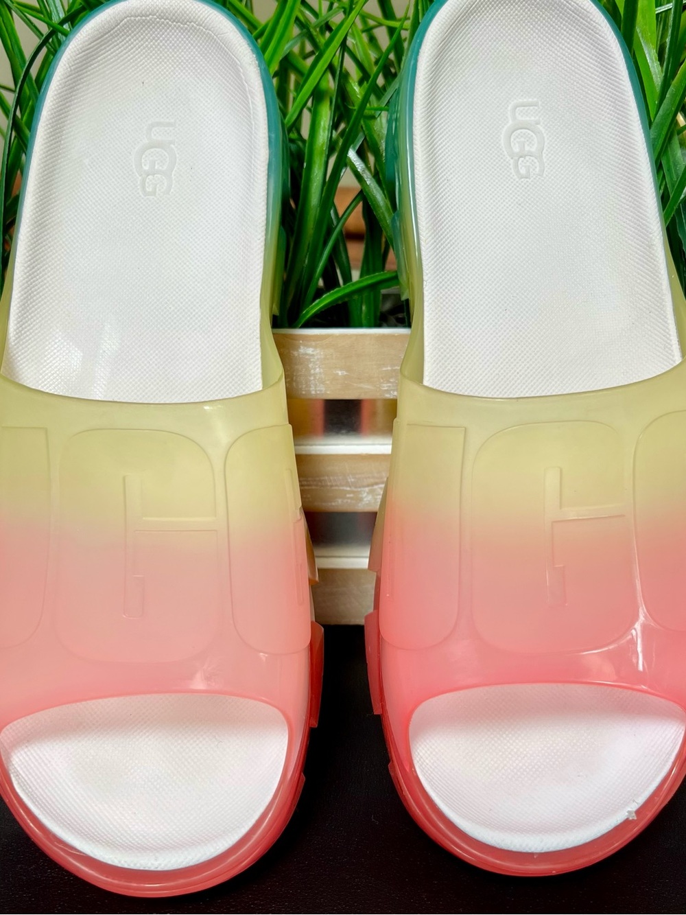 UGG Jella Clear Slide Sandals Ombre Watercolor Rainbow